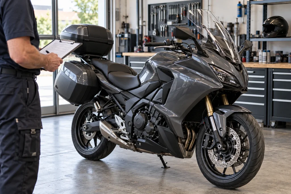 Motorrad vor der Abholung in einer Werkstatt prüfen