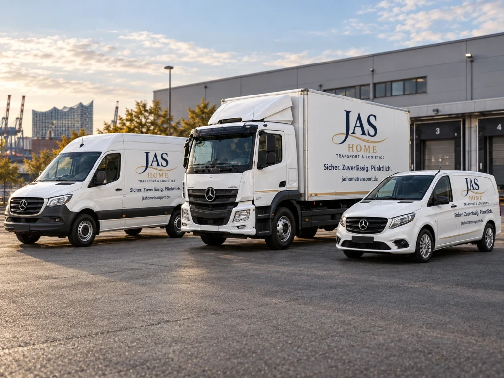 Drei weiße Transportfahrzeuge mit JAS HOME Logo und Firmenslogan