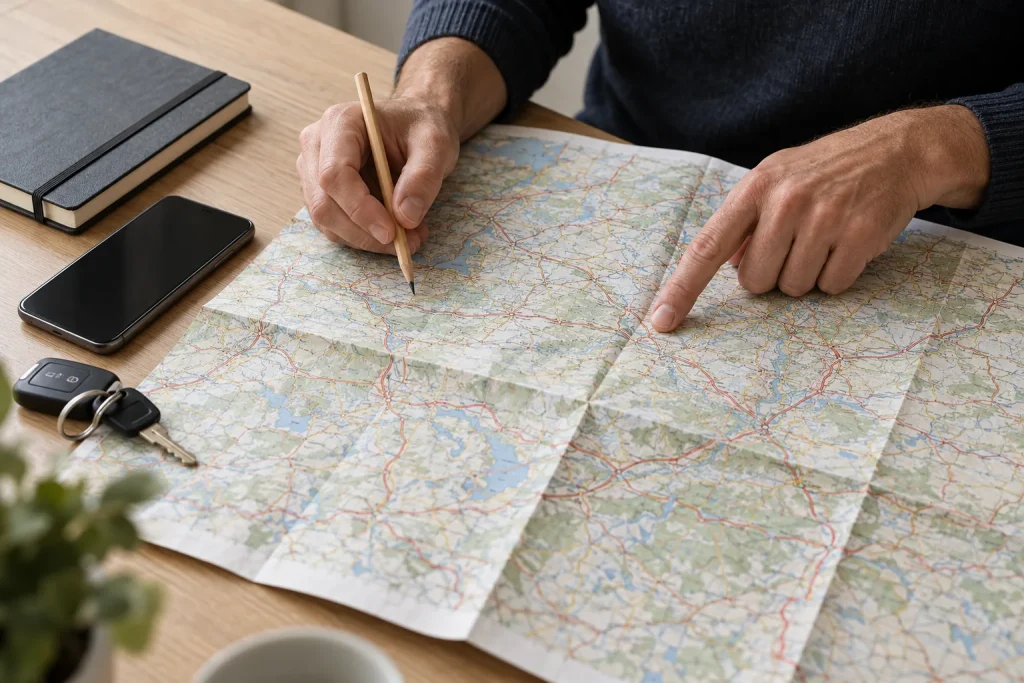 Sorgfältige Planung einer Transportstrecke auf einer Straßenkarte