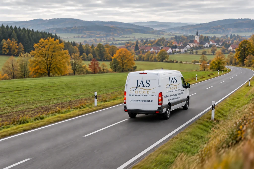 JAS HOME Transporter mit neuem Logo auf einer Straße in Deutschland