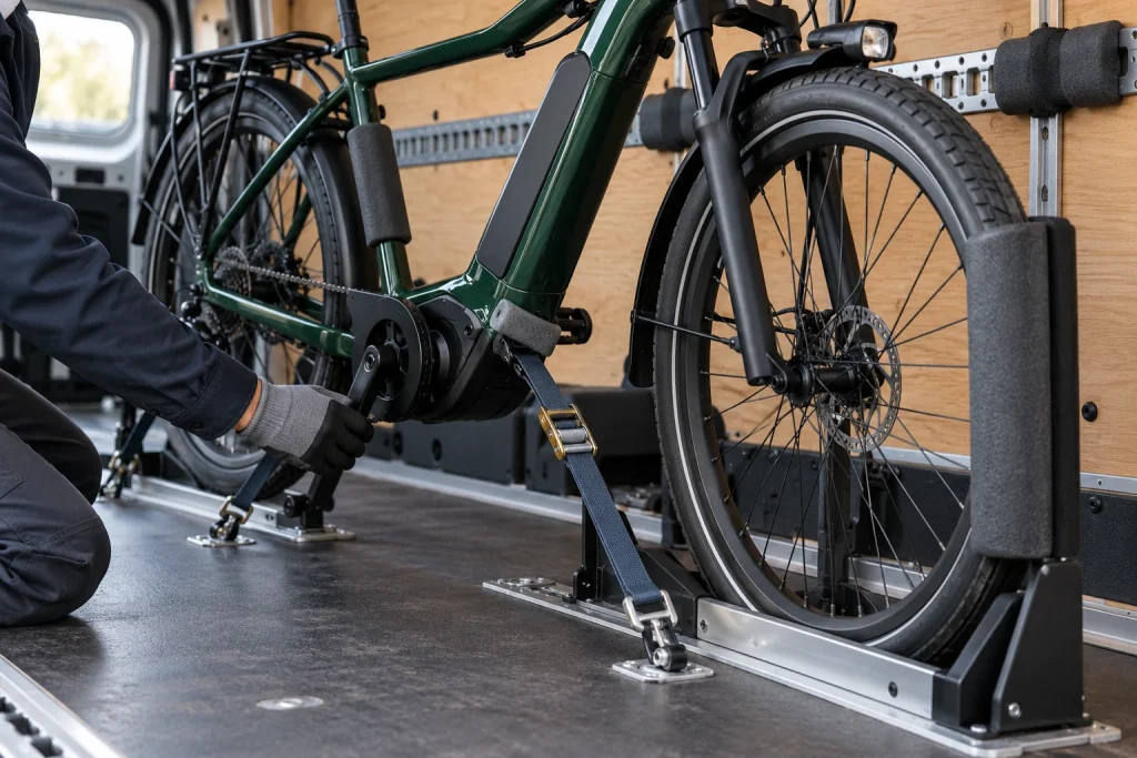Gepolsterte Befestigung eines E-Bikes im Transporter