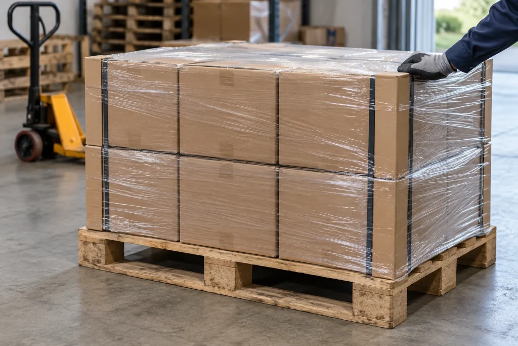 Verpackung und Kantenschutz einer beladenen Palette kontrollieren