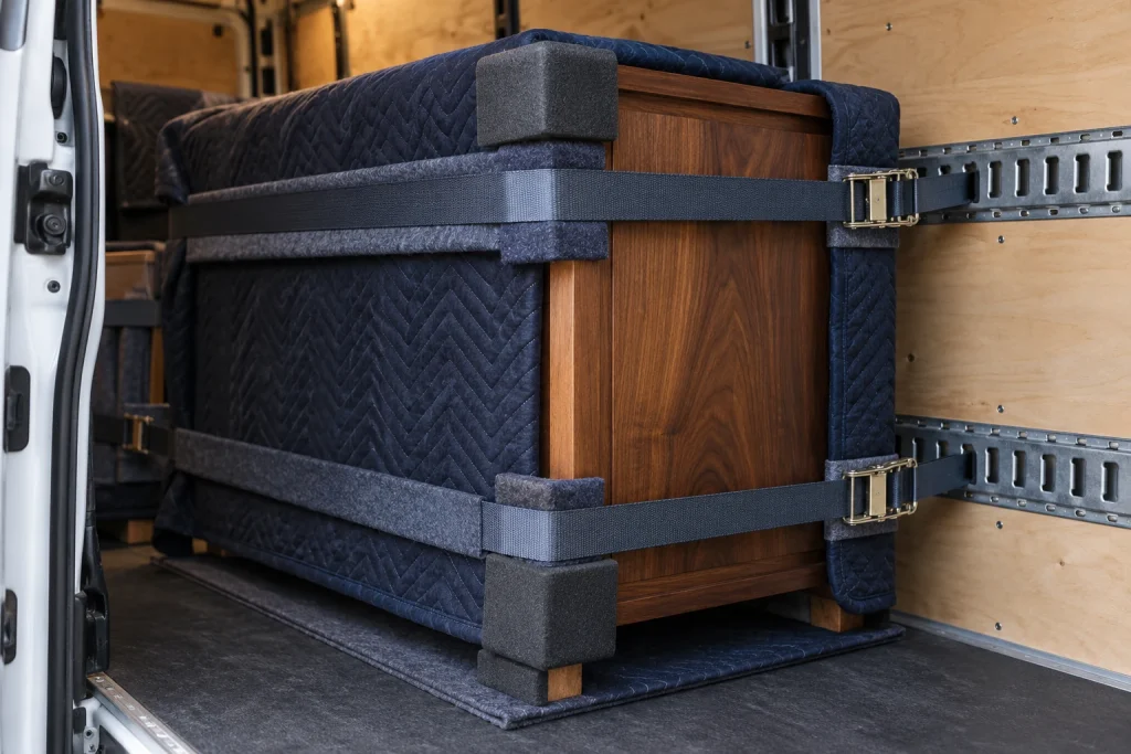 Möbel mit Transportdecken, Kantenschutz und Gurten sichern