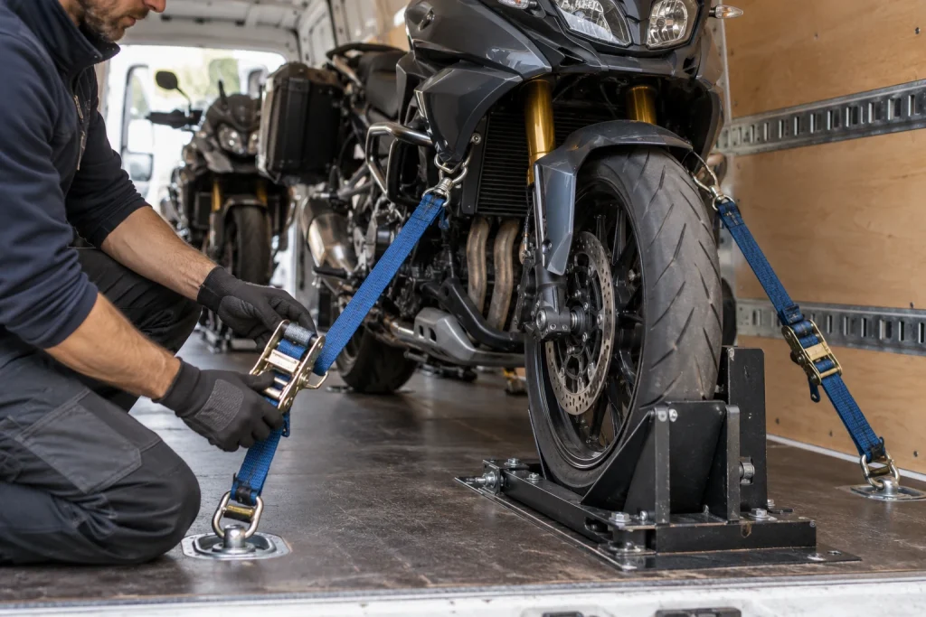 Kontrolle der Spanngurte an einem gesicherten Motorrad