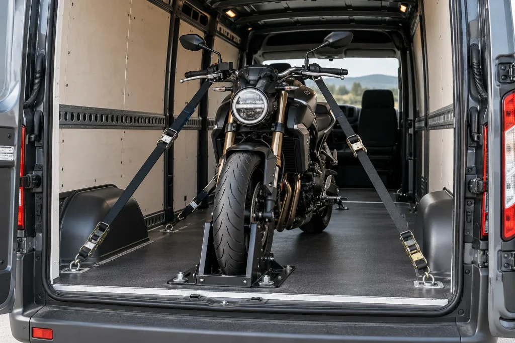 Gesichertes Motorrad im Transporter